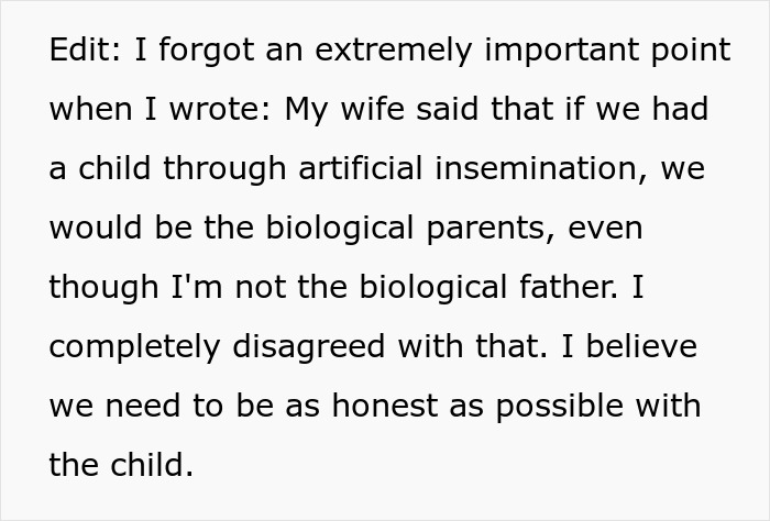 Man questions marriage when wife exposes shocking beliefs about conceiving through artificial insemination and biological parenthood.