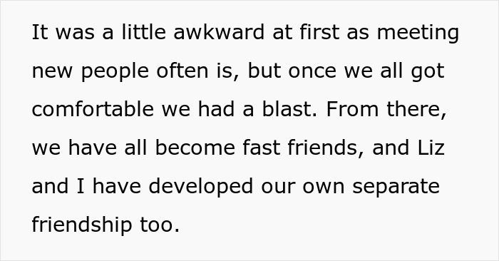 Screenshot of text about the initial awkwardness of meeting, evolving into fast friendships among the group, including GF and female friends.