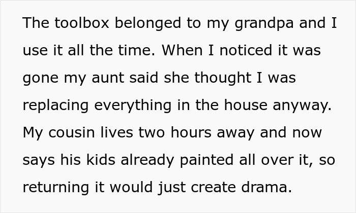 Text explaining the aunt treats family free table tradition like a free-for-all, taking a grandfather's toolbox.