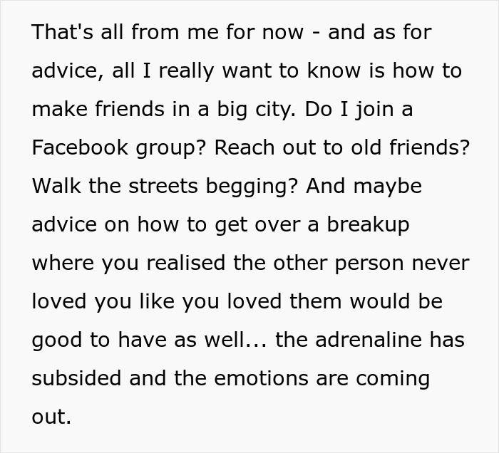 Text about making friends in a big city and getting over a breakup, related to playing friends against each other. Text about making friends in a big city and getting over a breakup, related to playing friends against each other.