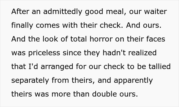 Text detailing the moment the separate dinner checks arrive, revealing neighbors who need someone to pay their bills. Text detailing the moment the separate dinner checks arrive, revealing neighbors who need someone to pay their bills.
