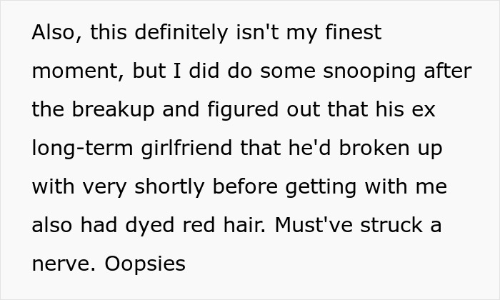 A screenshot of text about an ex-girlfriend with dyed red hair, hinting at the guy banning his GF's hair color.