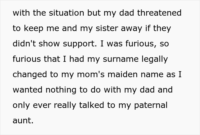 A screenshot of text about a dad threatening family, and a surname change related to stepmom adoption. A screenshot of text about a dad threatening family, and a surname change related to stepmom adoption.