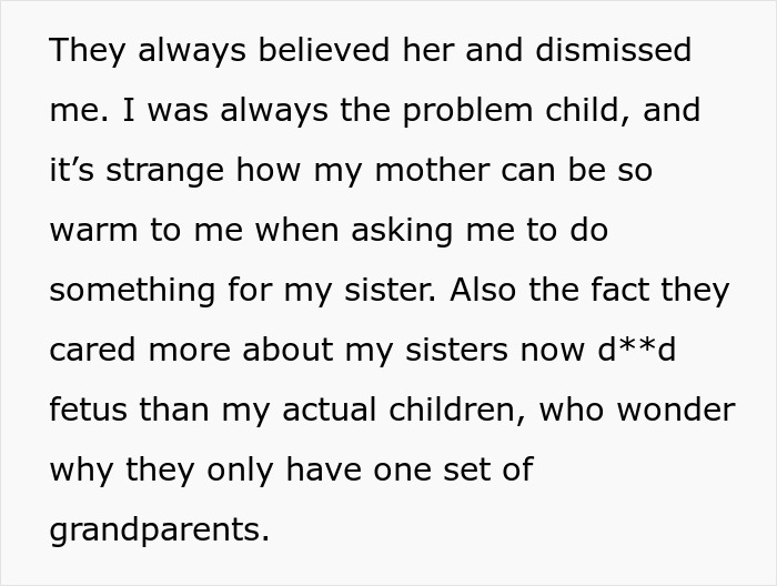 Text describes feeling dismissed by parents who favored a toxic sis, impacting views on infertility. Text describes feeling dismissed by parents who favored a toxic sis, impacting views on infertility.