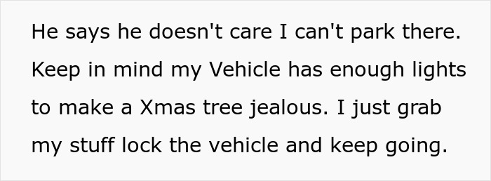 Text snippet about a man throwing a fit over an ambulance parking spot, highlighting the ambulance's lights.