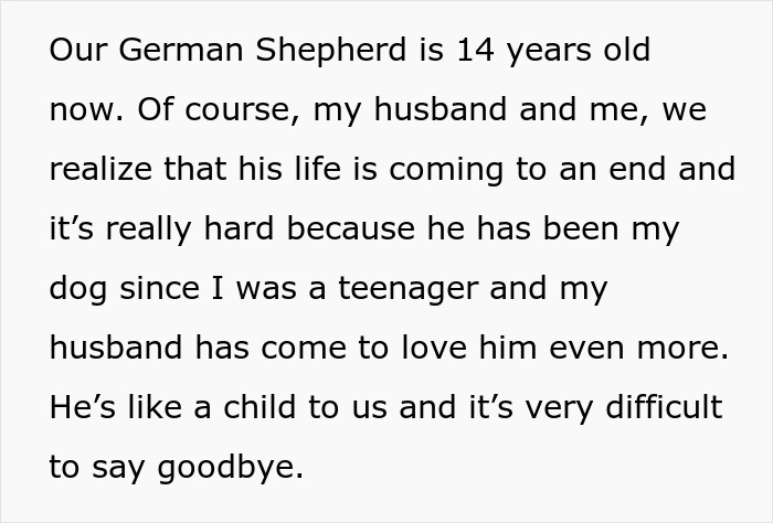 Screenshot of text about the 14-year-old German Shepherd, a beloved senior dog, and the emotional difficulty of his old age. Screenshot of text about the 14-year-old German Shepherd, a beloved senior dog, and the emotional difficulty of his old age.