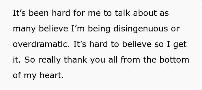 Text explaining a woman's difficulty discussing her toxic sis due to disbelief, thanking supporters for validating her story. Text explaining a woman's difficulty discussing her toxic sis due to disbelief, thanking supporters for validating her story.