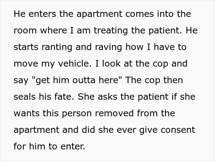 Text snippet detailing a man ranting to a cop about an ambulance's parking spot and being asked to leave.