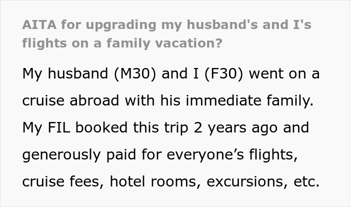 Screenshot of text about upgrading flight tickets for a family trip. Screenshot of text about upgrading flight tickets for a family trip.