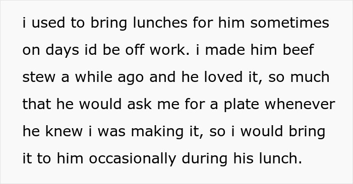 Text describing the woman's past father-daughter bond, bringing her dad lunches and homemade beef stew. Text describing the woman's past father-daughter bond, bringing her dad lunches and homemade beef stew.
