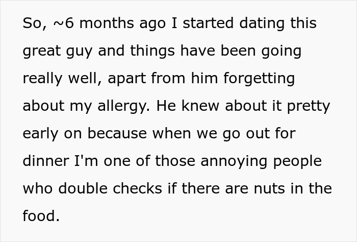 Screenshot of a post about a woman's boyfriend forgetting her allergy despite her careful checks. Screenshot of a post about a woman's boyfriend forgetting her allergy despite her careful checks.