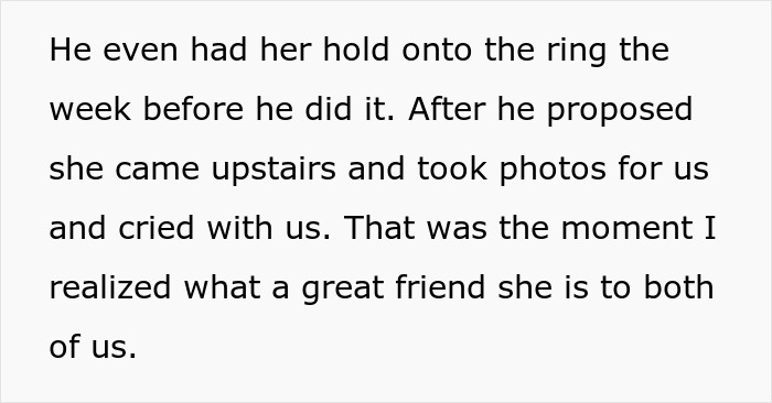 Boyfriend's female friend holding the engagement ring and taking photos, showing she is a great friend to both.
