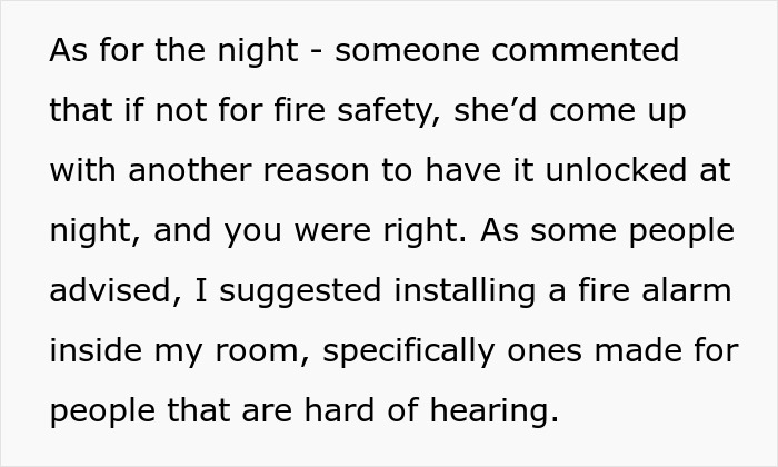 Text discussing fire safety and installing a fire alarm in the daughter's room, relating to the controlling mom issue. Text discussing fire safety and installing a fire alarm in the daughter's room, relating to the controlling mom issue.