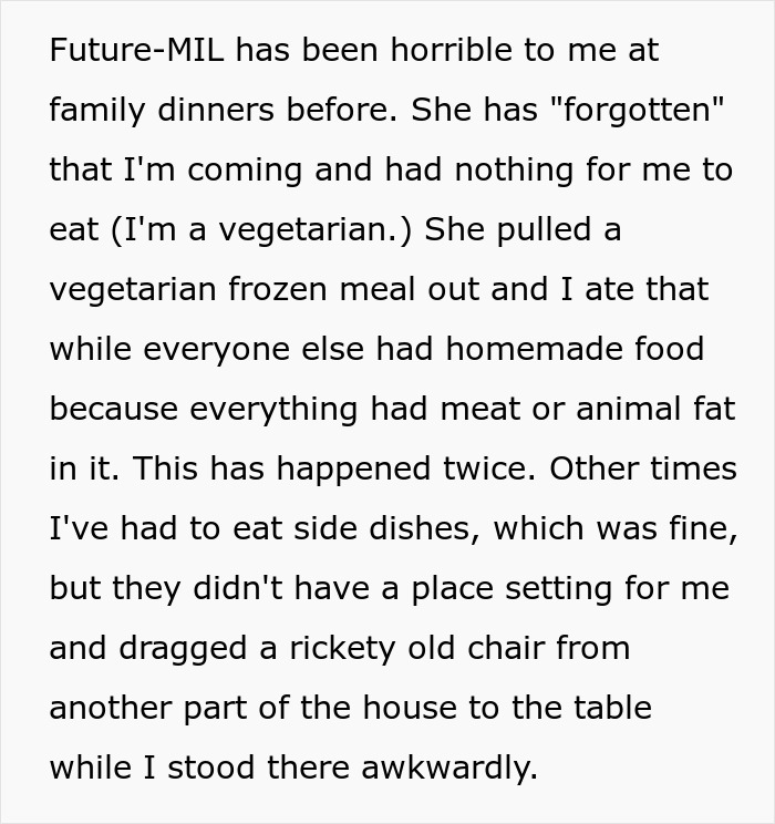 Text explaining a bride's bad experiences with her future MIL at family dinners, highlighting the wedding conflict. Text explaining a bride's bad experiences with her future MIL at family dinners, highlighting the wedding conflict.