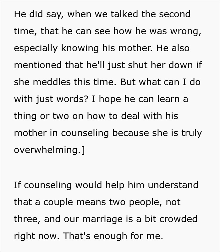 Text about counseling for the husband to deal with his mother and prevent the woman leaving him. Text about counseling for the husband to deal with his mother and prevent the woman leaving him.