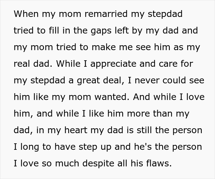 Screenshot of a bride explaining her feelings for her dad and stepdad and the difficulty of choosing who will walk her down the aisle.