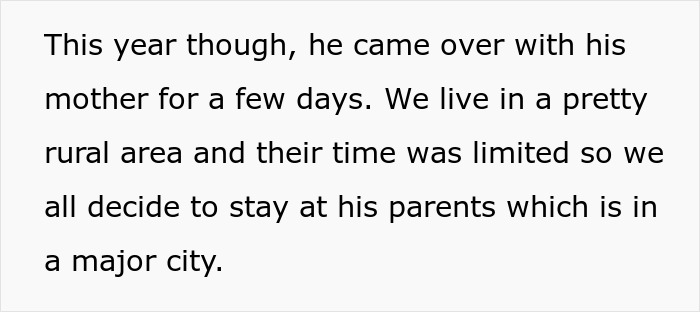 Screenshot of text describing travel arrangements for a partner's son, related to buying stepson's love with gifts.