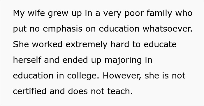 Screenshot of text explaining how a wife overcame poverty to educate herself, influencing her kid's education.