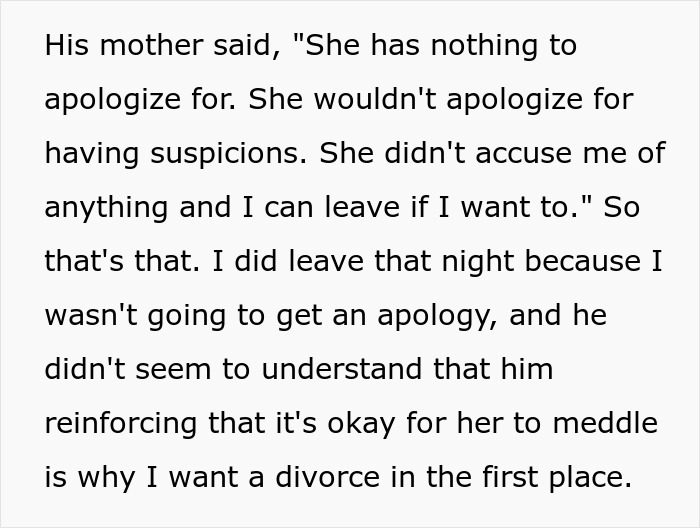 A screenshot of text explaining why a woman is leaving her son due to MIL issues. A screenshot of text explaining why a woman is leaving her son due to MIL issues.