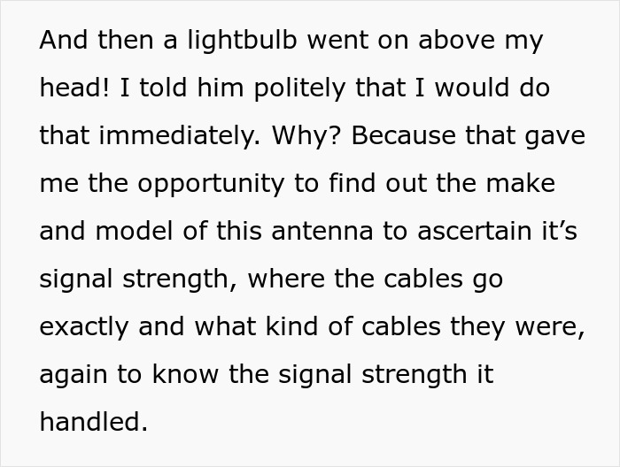 Text about new parents getting an idea to use their rude neighbor's illegal antenna against him, learning its details. Text about new parents getting an idea to use their rude neighbor's illegal antenna against him, learning its details.