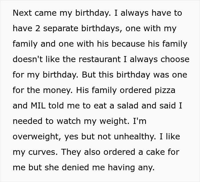 Text describing husband letting his mom control their marriage by dictating wife's birthday meal choices. Text describing husband letting his mom control their marriage by dictating wife's birthday meal choices.