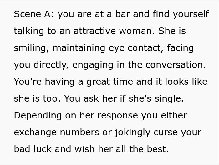 Image of text describing Scene A, a social setting where a man asks if a woman is single.