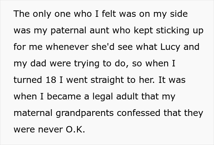 A screenshot of text mentioning a paternal aunt supporting someone and a stepmom adoption. A screenshot of text mentioning a paternal aunt supporting someone and a stepmom adoption.