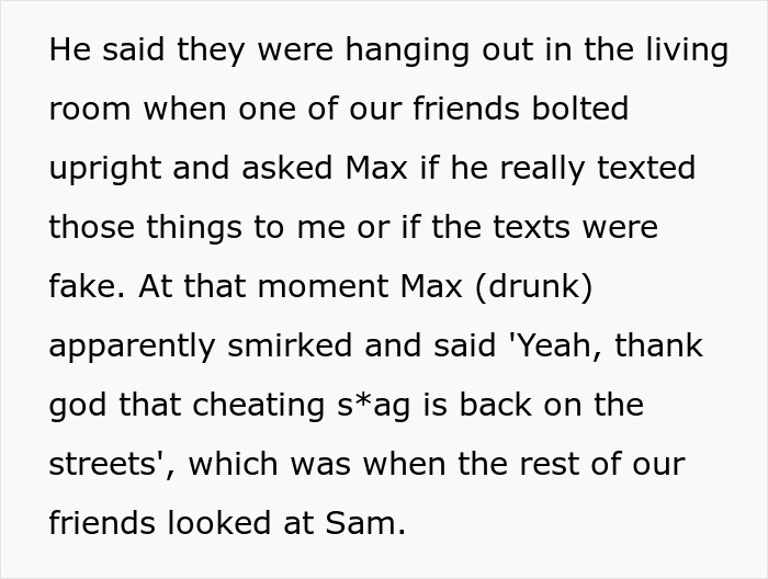 A screenshot showing text where a man plays friends against each other, his ex-girlfriend sends receipts. A screenshot showing text where a man plays friends against each other, his ex-girlfriend sends receipts.