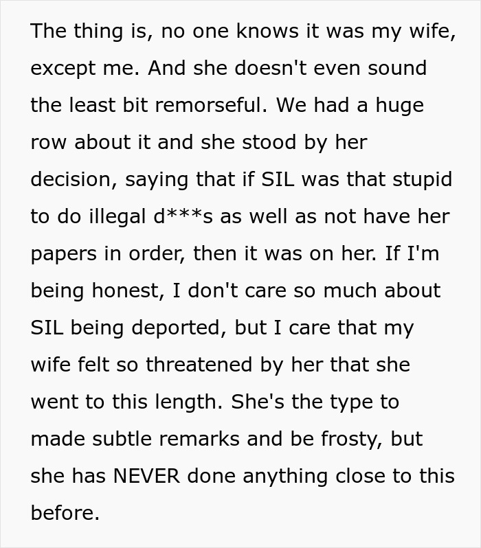 Wife's jealousy and lack of remorse after a secret police call leading to deportation.