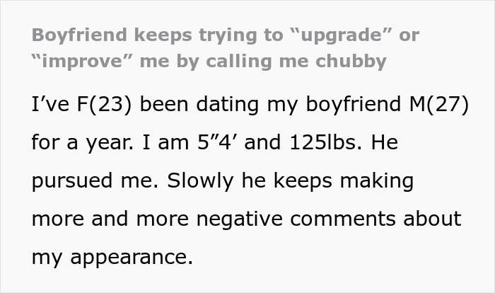 Screenshot of text about a boyfriend trying to fix his dream girl by calling her chubby and making negative comments. Screenshot of text about a boyfriend trying to fix his dream girl by calling her chubby and making negative comments.
