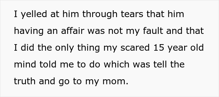 Text snippet: Daughter yells at dad through tears, stating his affair is not her fault, suspecting dad is tampering with her dessert.