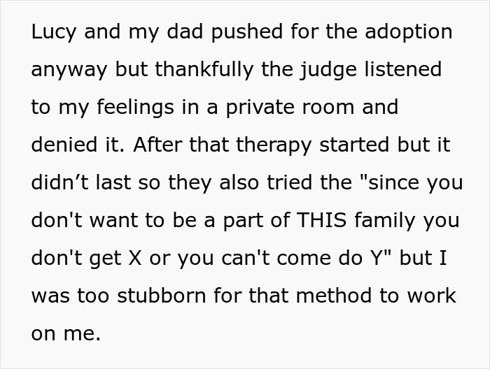 A screenshot of text about a judge denying a stepmom adoption and family conflict over inheritance. A screenshot of text about a judge denying a stepmom adoption and family conflict over inheritance.