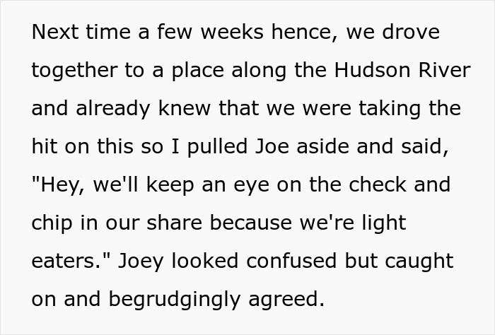 Text about the couple planning to proactively pay their share of the dinner bill to avoid paying their neighbors' bills again. Text about the couple planning to proactively pay their share of the dinner bill to avoid paying their neighbors' bills again.