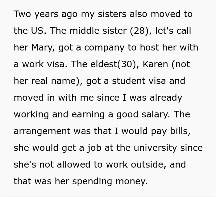 Screenshot of Reddit post about half-sisters moving to the US and a job arrangement, related to infertility and baby.