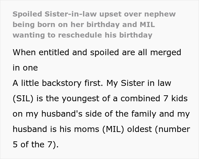 Screenshot of text detailing how a spoiled SIL was upset about a grandson's birthday, leading to family conflict. Screenshot of text detailing how a spoiled SIL was upset about a grandson's birthday, leading to family conflict.