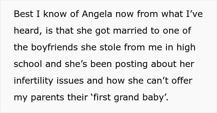 Text snippet: woman admits she's happy her toxic sis is infertile, sharing details about her sister's infertility issues and inability to have a kid. Text snippet: woman admits she's happy her toxic sis is infertile, sharing details about her sister's infertility issues and inability to have a kid.