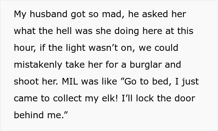 Text detailing the hunter's husband confronting his mom about raiding the kitchen for meat. Text detailing the hunter's husband confronting his mom about raiding the kitchen for meat.