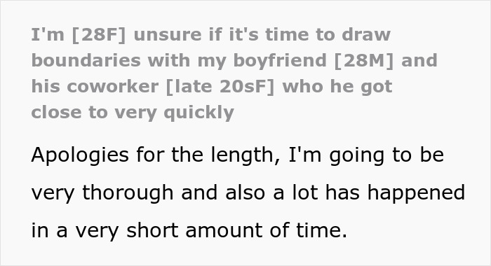 Screenshot of text about GF being unsure if it's time to draw boundaries with BF and his coworker.
