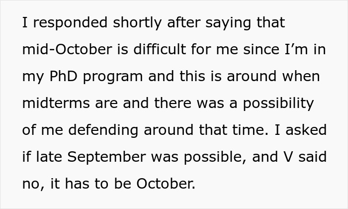 Text describing a woman facing a bachelorette date dispute due to scheduling conflict with her PhD program. Text describing a woman facing a bachelorette date dispute due to scheduling conflict with her PhD program.
