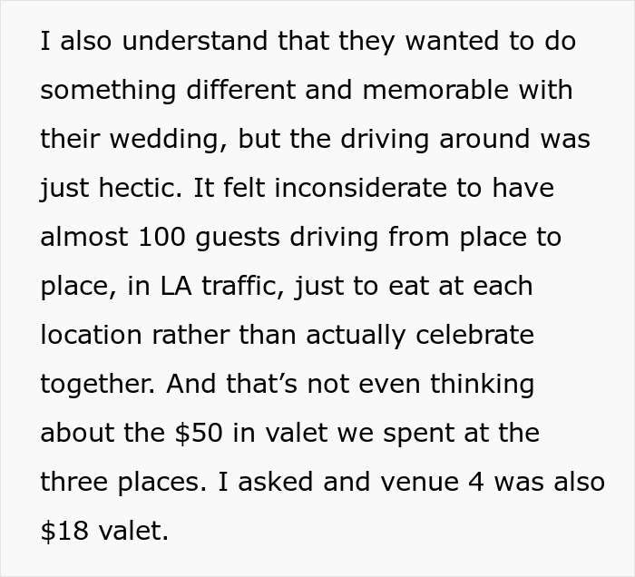 A screenshot of text about guests getting tired of driving across LA for a 4-venue wedding.