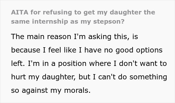 Screenshot about a dad and his kids internships, and getting blamed when one thrives and the other does not. Screenshot about a dad and his kids internships, and getting blamed when one thrives and the other does not.