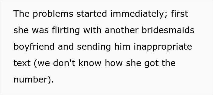 Text describing SIL flirting with another bridesmaid's boyfriend, causing problems before the wedding. Text describing SIL flirting with another bridesmaid's boyfriend, causing problems before the wedding.