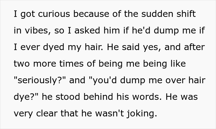 A screenshot of text on a screen. The main character asks if he'd dump her for hair color and he replies, 'yes.'