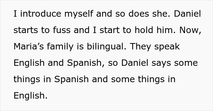 The babysitter holds Daniel, noting the family is bilingual in English and Spanish.