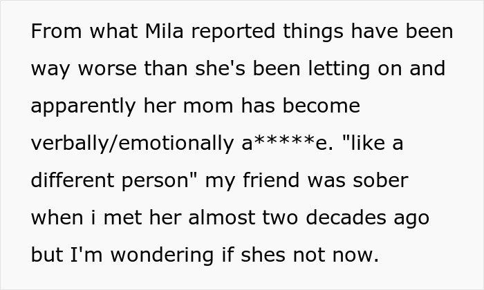 A section of the story: Woman makes friend of 20 years suffer, discussing the friend's daughter reporting emotional a***e. A section of the story: Woman makes friend of 20 years suffer, discussing the friend's daughter reporting emotional a***e.