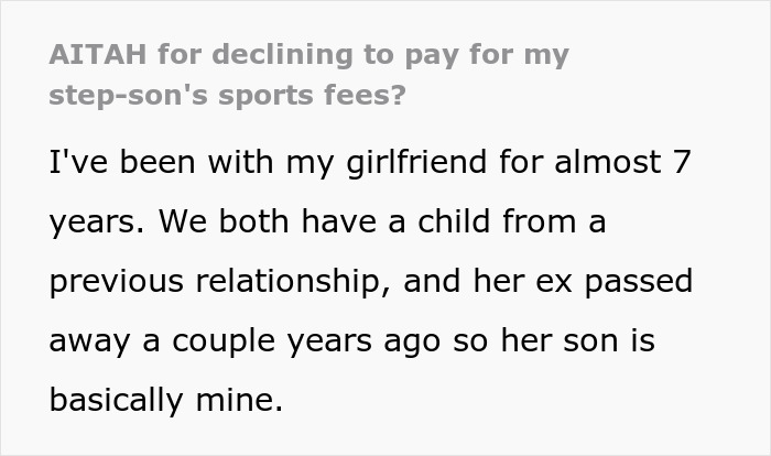 Screenshot of Reddit post: AITAH for declining to pay for my step-son's sports fees? Screenshot of Reddit post: AITAH for declining to pay for my step-son's sports fees?