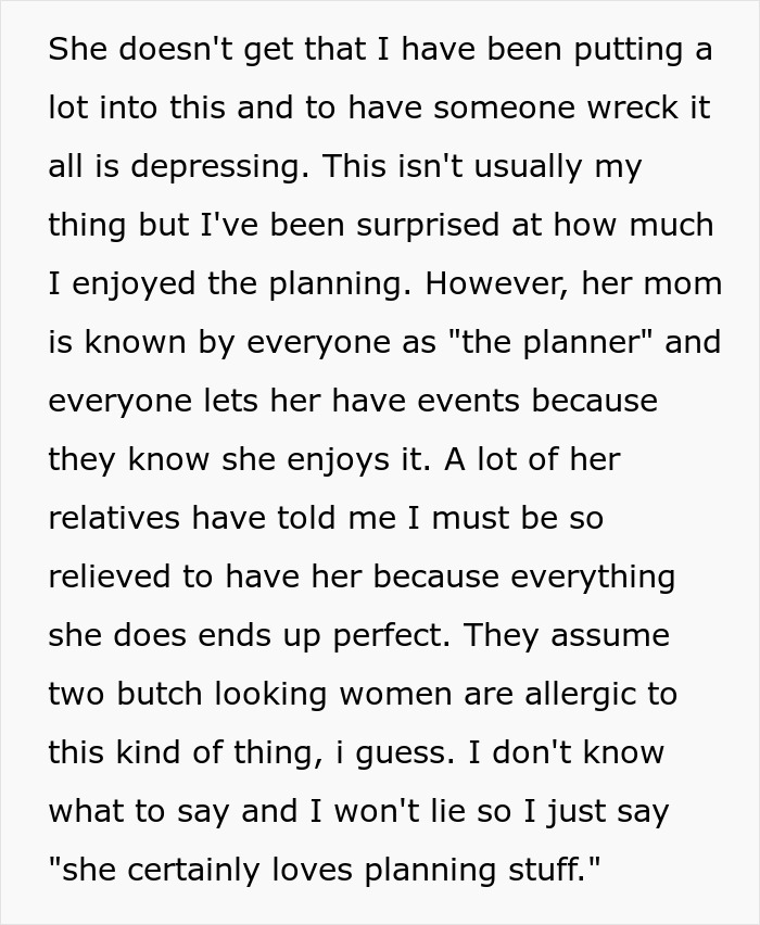 Text snippet where the bride discusses her enjoyment of wedding planning, contrasted with the MIL's known planning reputation. Text snippet where the bride discusses her enjoyment of wedding planning, contrasted with the MIL's known planning reputation.