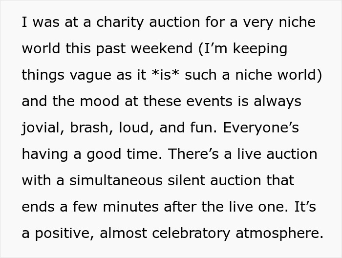 Text snippet: Description of a charity auction atmosphere, jovial, brash, loud, fun, with live and silent auctions. Text snippet: Description of a charity auction atmosphere, jovial, brash, loud, fun, with live and silent auctions.