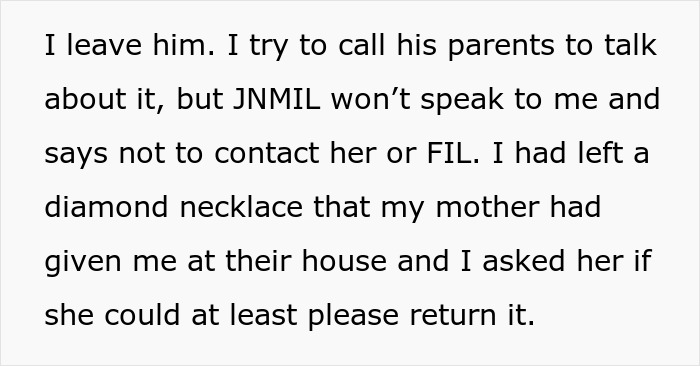 Text about a woman leaving her husband and asking her ex-MIL to return a necklace. Text about a woman leaving her husband and asking her ex-MIL to return a necklace.