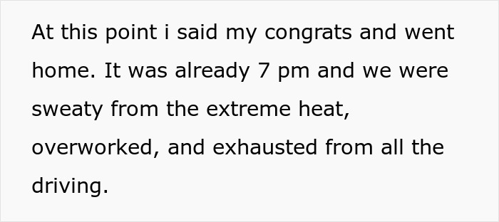 Text explaining a guest's decision to leave a multi-venue wedding due to heat, exhaustion, and extensive driving.